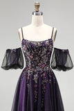Dark Purple Rhinestone Appliques A-Line Glitter Long Prom Dress with Puff Sleeves
