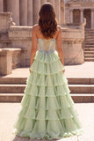 Tiered Ruffled Light Green Chiffon A-Line 3D Appliques Corset Rhinestone Long Prom Dress