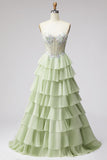 Tiered Ruffled Light Green Chiffon A-Line 3D Appliques Corset Rhinestone Long Prom Dress