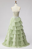 Tiered Ruffled Light Green Chiffon A-Line 3D Appliques Corset Rhinestone Long Prom Dress