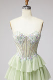 Tiered Ruffled Light Green Chiffon A-Line 3D Appliques Corset Rhinestone Long Prom Dress