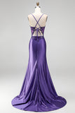 Glitter Mermaid Sequins Corset Ruched Satin Long Purple Prom Dress with Slit
