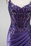 Glitter Mermaid Sequins Corset Ruched Satin Long Purple Prom Dress with Slit