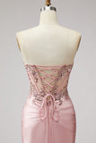Pink Corset Sheer Mermaid Beaded Sequins Pearls Ruched Satin Long Prom Dress with Slit