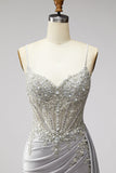 Light Grey Corset Satin Pearls Rhinestones Mermaid Prom Dress with Draping