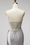 Light Grey Corset Satin Pearls Rhinestones Mermaid Prom Dress with Draping