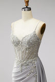 Light Grey Corset Satin Pearls Rhinestones Mermaid Prom Dress with Draping