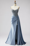 Blue Corset Sheer V-Neck Satin Ruched Rhinestone Strapless Long Prom Dress with Slit