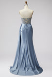Blue Corset Sheer V-Neck Satin Ruched Rhinestone Strapless Long Prom Dress with Slit