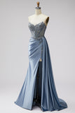 Blue Corset Sheer V-Neck Satin Ruched Rhinestone Strapless Long Prom Dress with Slit