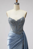 Blue Corset Sheer V-Neck Satin Ruched Rhinestone Strapless Long Prom Dress with Slit