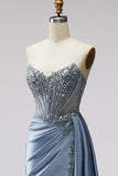 Blue Corset Sheer V-Neck Satin Ruched Rhinestone Strapless Long Prom Dress with Slit