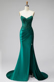 Glitter Dark Green Mermaid Corset Sequins Satin Strapless Long Prom Dress with Beading
