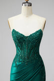 Glitter Dark Green Mermaid Corset Sequins Satin Strapless Long Prom Dress with Beading