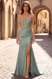 Light Green Floral Corset Ruched Mermaid Satin Glitter Long Formal Dress with Slit
