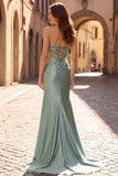 Light Green Floral Corset Ruched Mermaid Satin Glitter Long Formal Dress with Slit