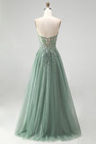 Glitter Dusty Sage Corset Floral Appliques Tulle Strapless Sequins Long Prom Dress with Slit