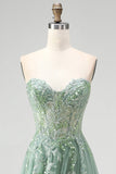 Glitter Dusty Sage Corset Floral Appliques Tulle Strapless Sequins Long Prom Dress with Slit