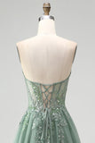 Glitter Dusty Sage Corset Floral Appliques Tulle Strapless Sequins Long Prom Dress with Slit
