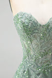 Glitter Dusty Sage Corset Floral Appliques Tulle Strapless Sequins Long Prom Dress with Slit