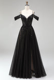 Cold Shoulder Black A-Line Tulle Sequins Appliques Long Prom Dress with Slit
