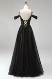 Cold Shoulder Black A-Line Tulle Sequins Appliques Long Prom Dress with Slit