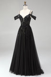 Cold Shoulder Black A-Line Tulle Sequins Appliques Long Prom Dress with Slit