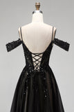 Cold Shoulder Black A-Line Tulle Sequins Appliques Long Prom Dress with Slit