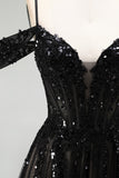 Cold Shoulder Black A-Line Tulle Sequins Appliques Long Prom Dress with Slit