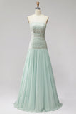Mint Sequins Pleated Chiffon A-Line Strapless Long Prom Dress with Beading