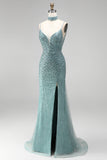 Grey Green Mermaid Sequins Beaded V-Neck Tulle Long Prom Dress with Choker