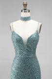 Grey Green Mermaid Sequins Beaded V-Neck Tulle Long Prom Dress with Choker