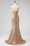 Sparkly Golden Corset Mermaid Rhinestones Sequins Strapless Long Prom Dress with Slit