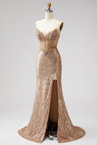 Sparkly Golden Corset Mermaid Rhinestones Sequins Strapless Long Prom Dress with Slit