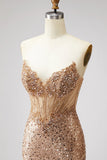 Sparkly Golden Corset Mermaid Rhinestones Sequins Strapless Long Prom Dress with Slit