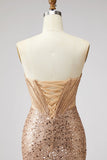 Sparkly Golden Corset Mermaid Rhinestones Sequins Strapless Long Prom Dress with Slit