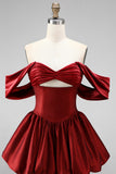 Burgundy Off-the-Shoulder Cut Out Bubble Hem Short Homecoming Dress