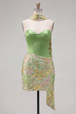 Green Bodycon Sweetheart Corset Sequins Homecoming Dress with Neck Scarf