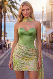 Green Bodycon Sweetheart Corset Sequins Homecoming Dress with Neck Scarf