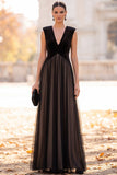 Black A-Line V-Neck Tulle Long Formal Dress