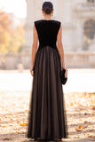 Black A-Line V-Neck Tulle Long Formal Dress