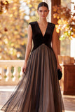 Black A-Line V-Neck Tulle Long Formal Dress
