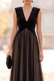 Black A-Line V-Neck Tulle Long Formal Dress