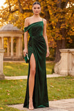 Sparkly Dark Green Mermaid One Shoulder Ruched Long Velvet Holiday Party Dress with Slit