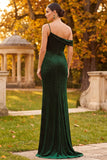 Sparkly Dark Green Mermaid One Shoulder Ruched Long Velvet Holiday Party Dress with Slit