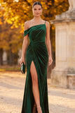 Sparkly Dark Green Mermaid One Shoulder Ruched Long Velvet Holiday Party Dress with Slit