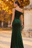 Sparkly Dark Green Mermaid One Shoulder Ruched Long Velvet Holiday Party Dress with Slit