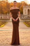 Sparkly Coffee Mermaid Off the Shoulder Ruched Long Formal Dress