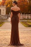 Sparkly Coffee Mermaid Off the Shoulder Ruched Long Formal Dress