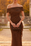 Sparkly Coffee Mermaid Off the Shoulder Ruched Long Formal Dress